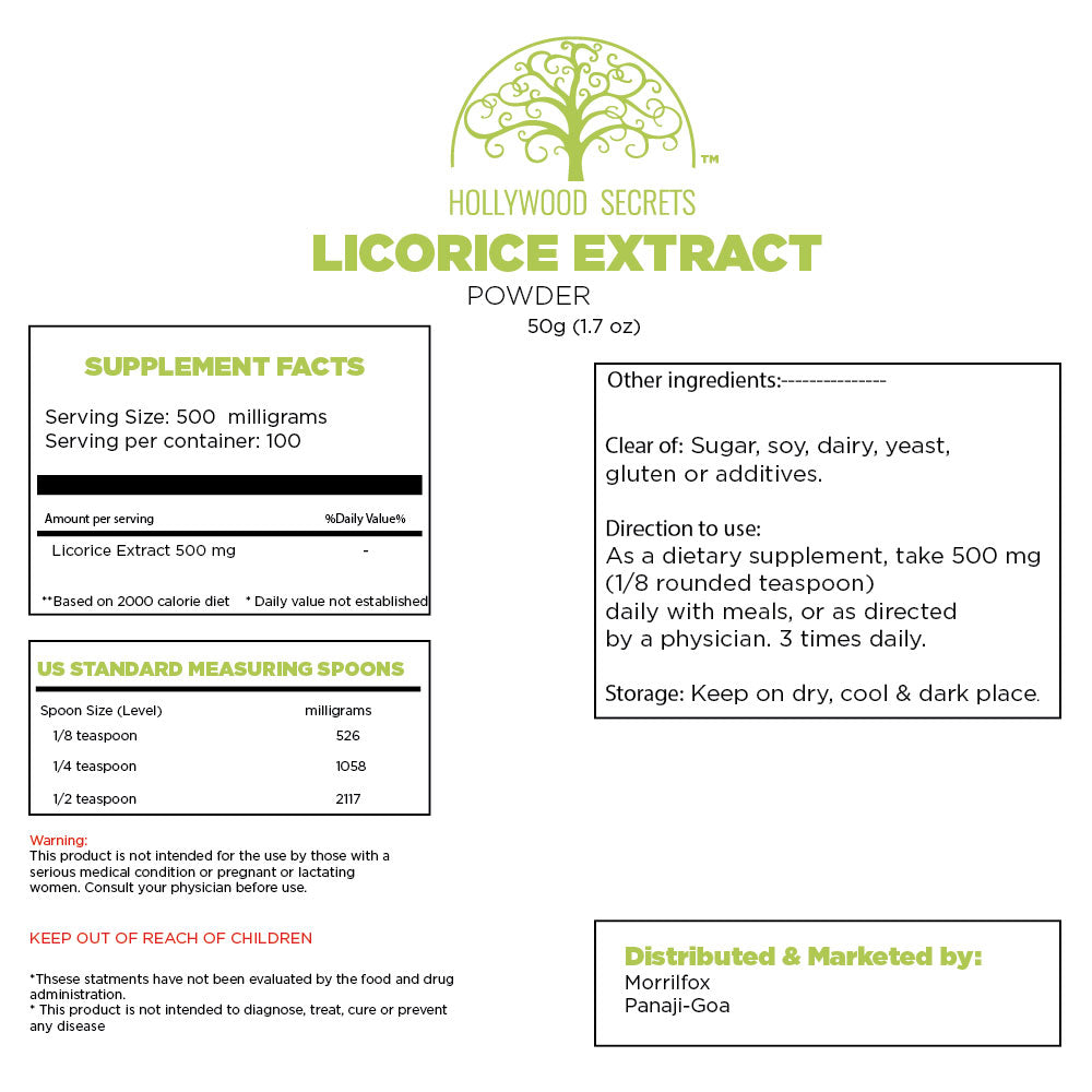 Pure Licorice Mulethi Extract Powder 10% Glycyrrhizin 50gm Hollywood Secrets