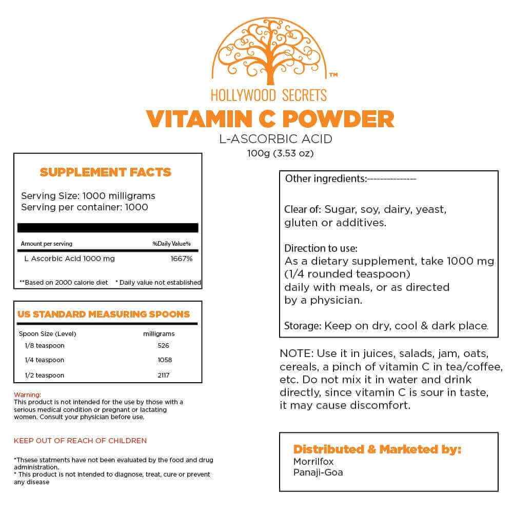 Vitamin C L-Ascorbic Powder 100gm Hollywood Secrets