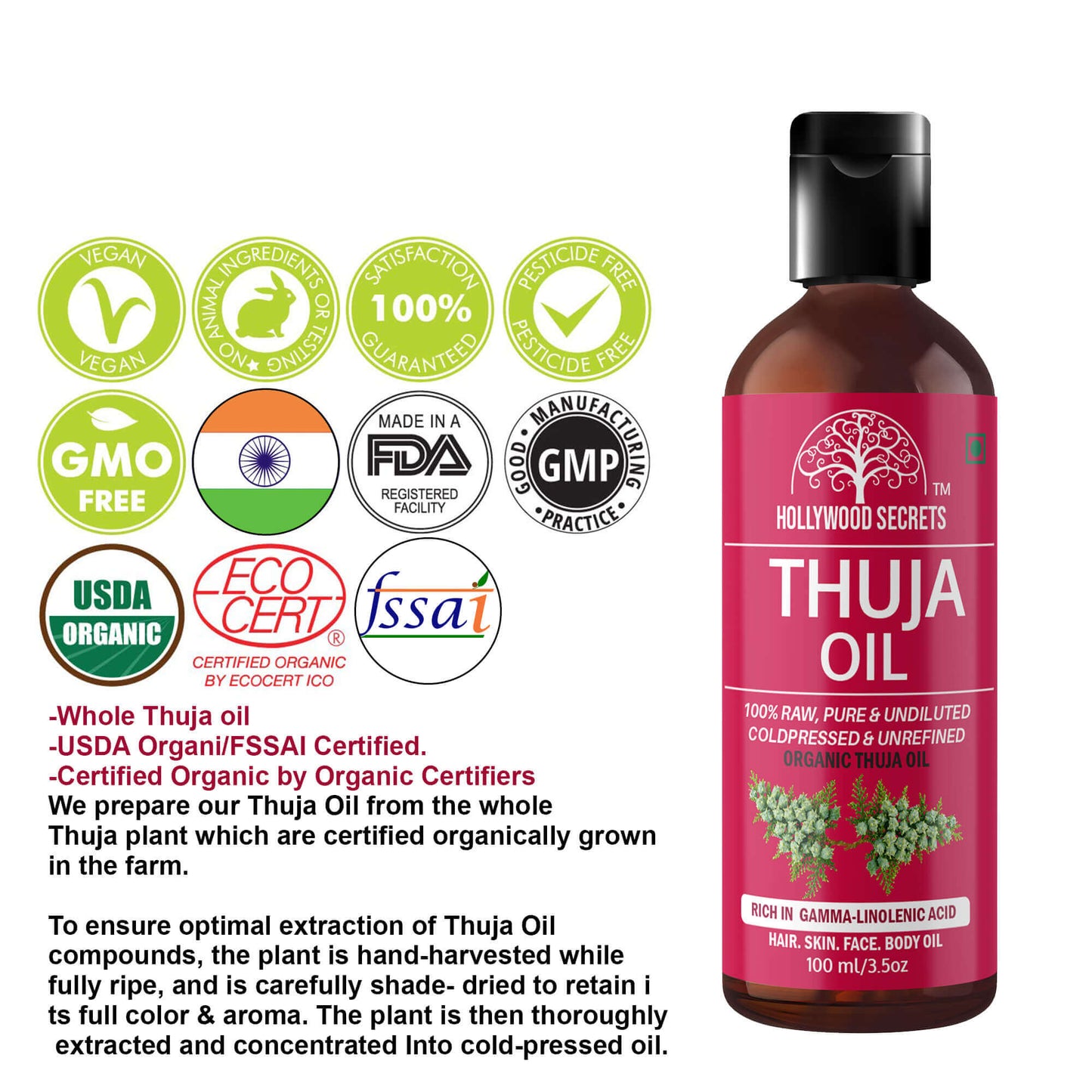 Thuja Oil Pure Cold Pressed 100ml Hollywood Secrets