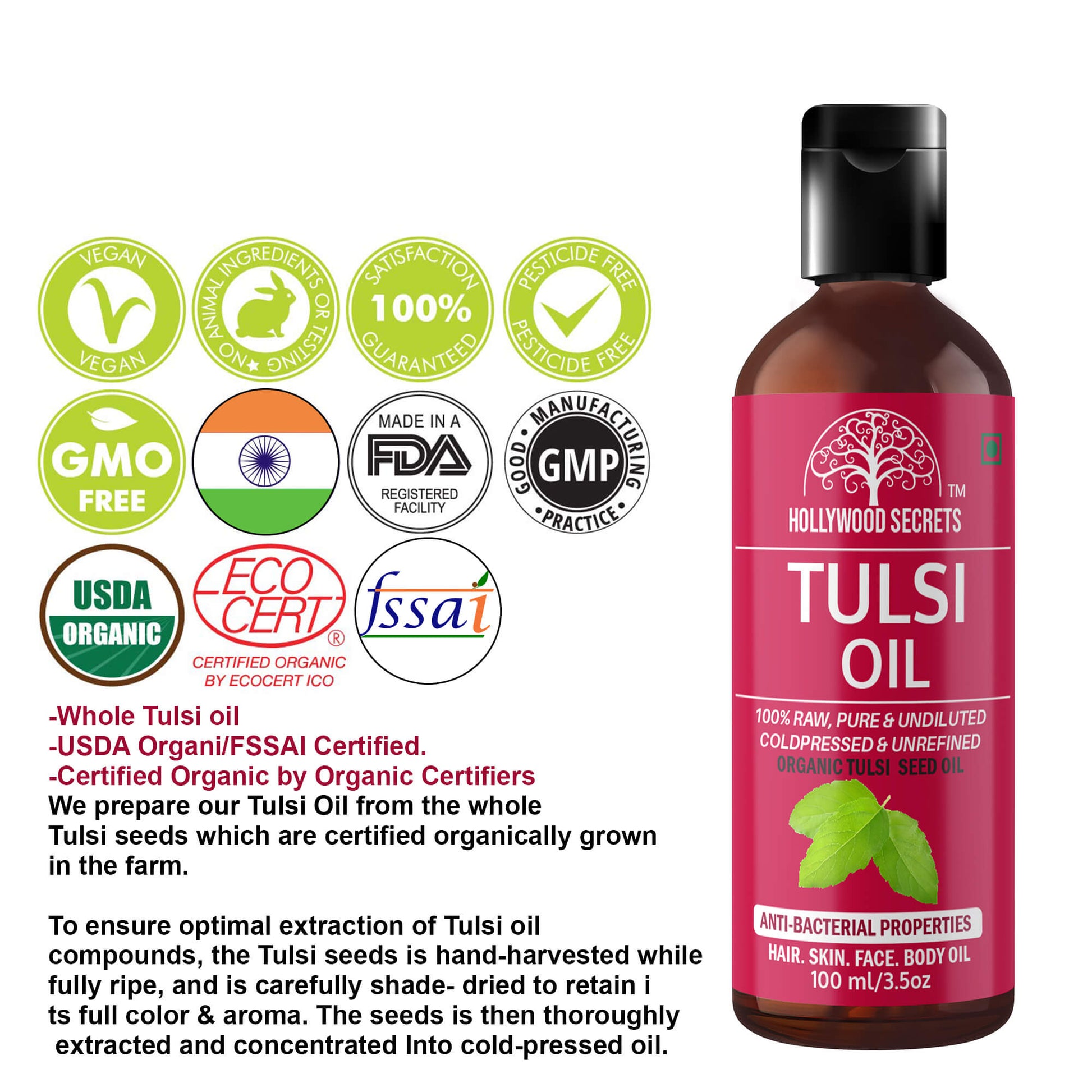 Tulsi Oil Holy Basil Pure Cold Pressed 100ml Hollywood Secrets
