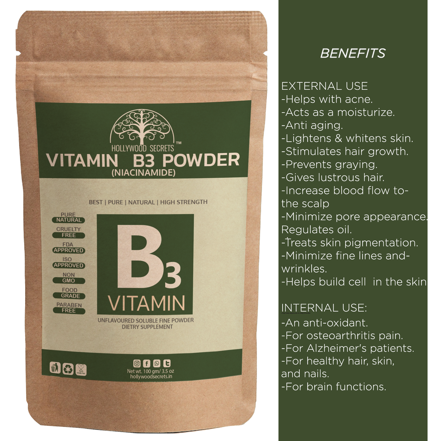 Pure Vitamin B3 Powder (Niacinamide) Supplements Acne Face (100 Gms) Hollywood Secrets