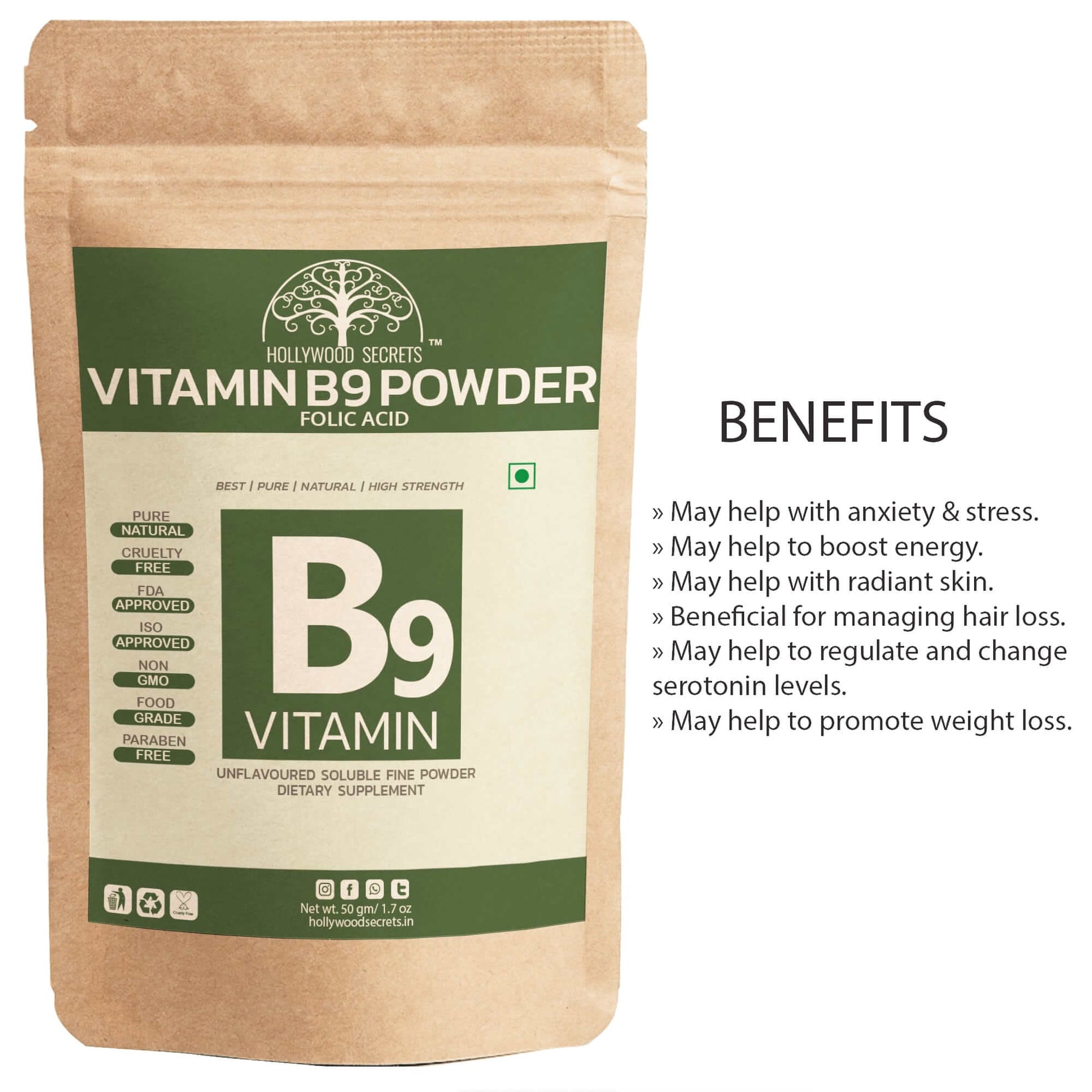 Vitamin B9 Folic Acid Powder 50gms Hollywood Secrets