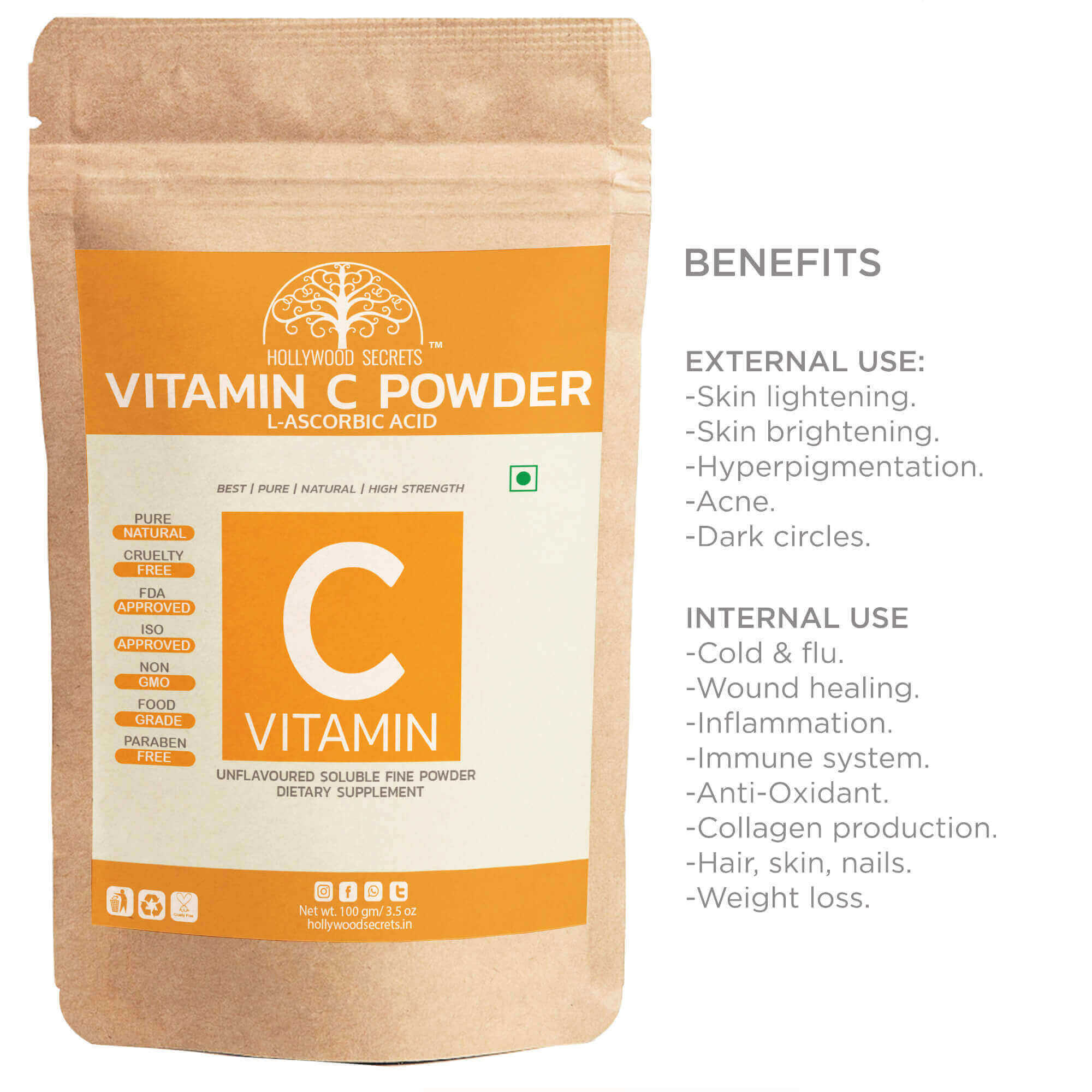 L Ascorbic Acid Vitamin C Powder 100gm Hollywood Secrets