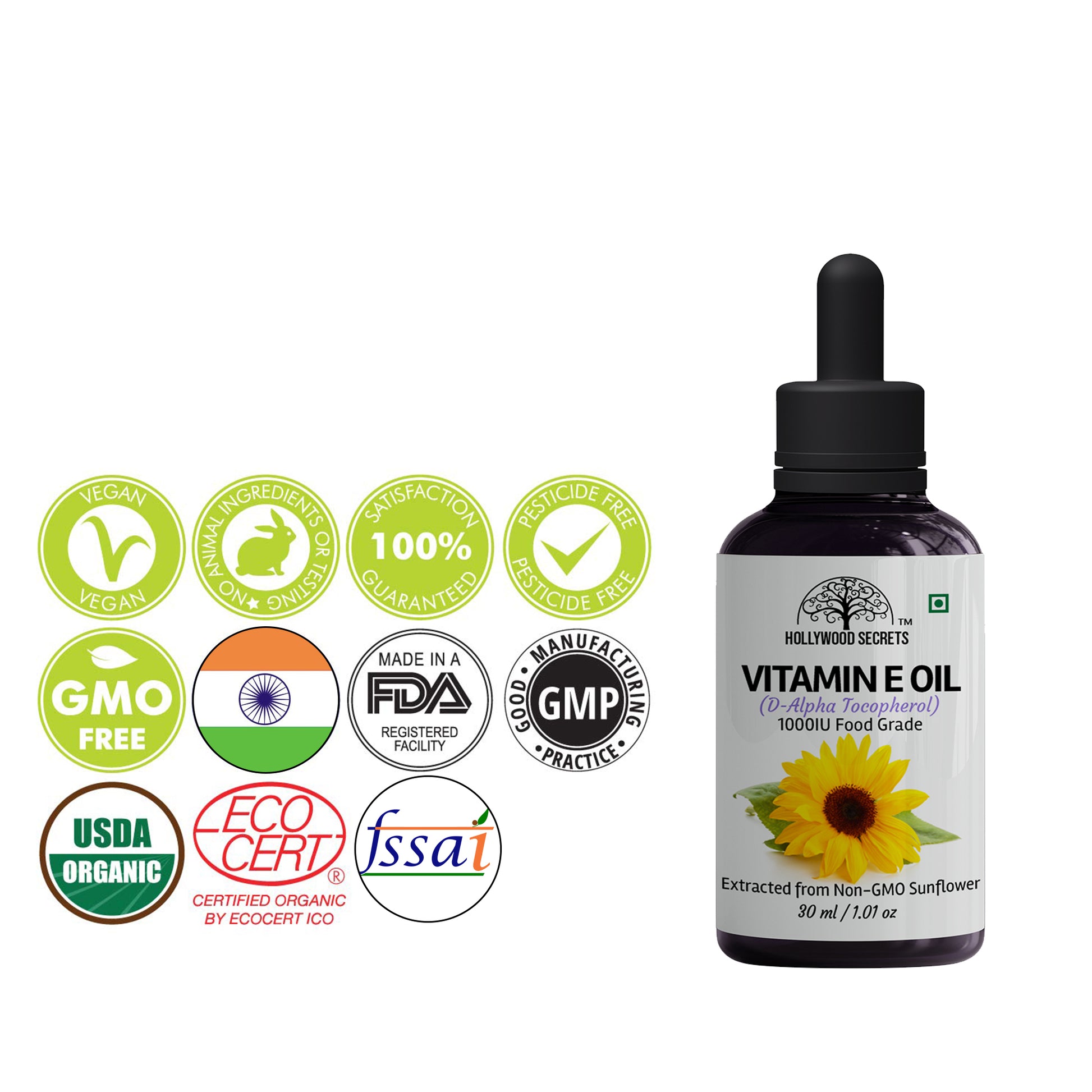 Vitamin E  Oil D-Alpha Tocopherol 1000 IU 30ml Hollywood Secrets