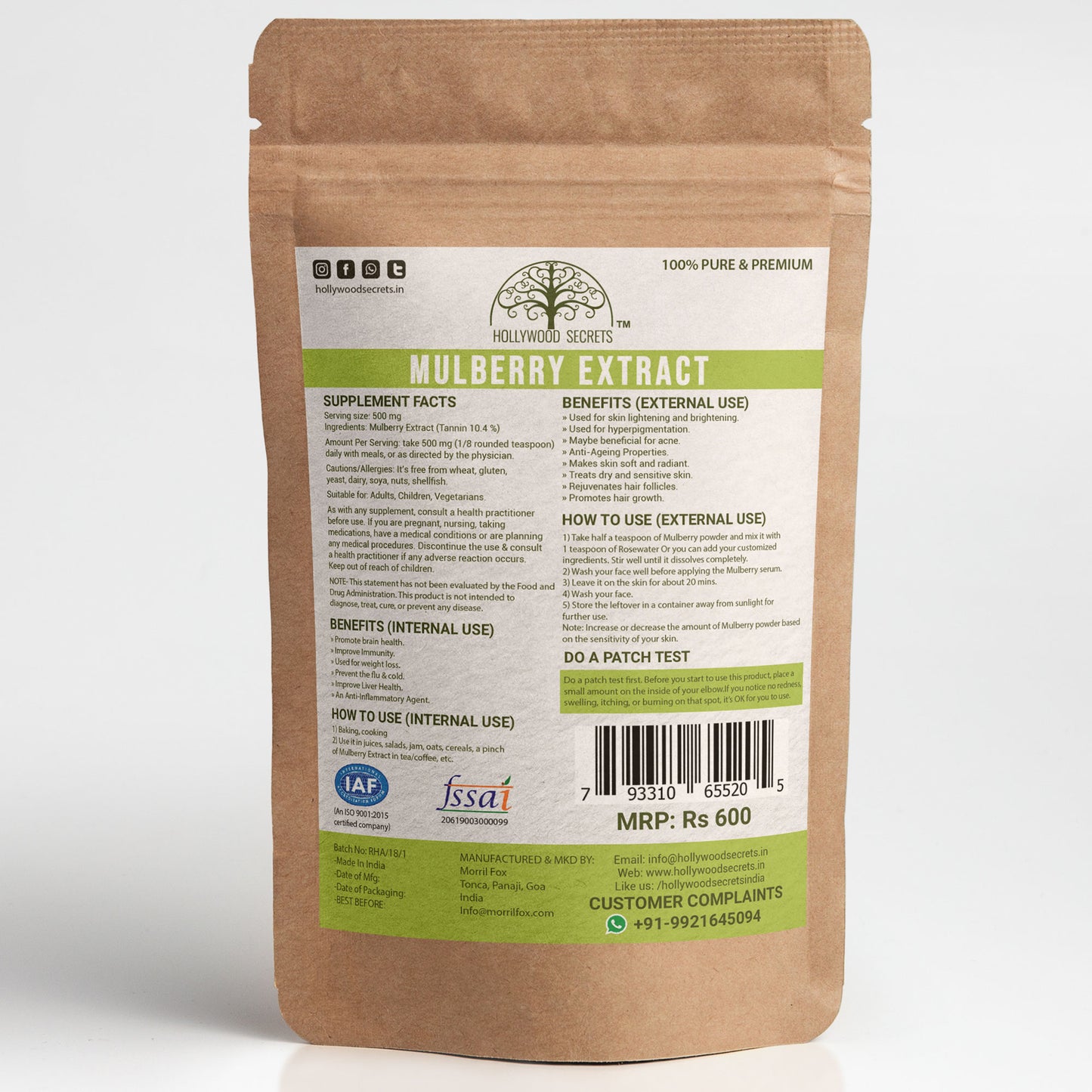 Pure Mulberry Extract Powder 10% Tannin 50gm Hollywood Secrets