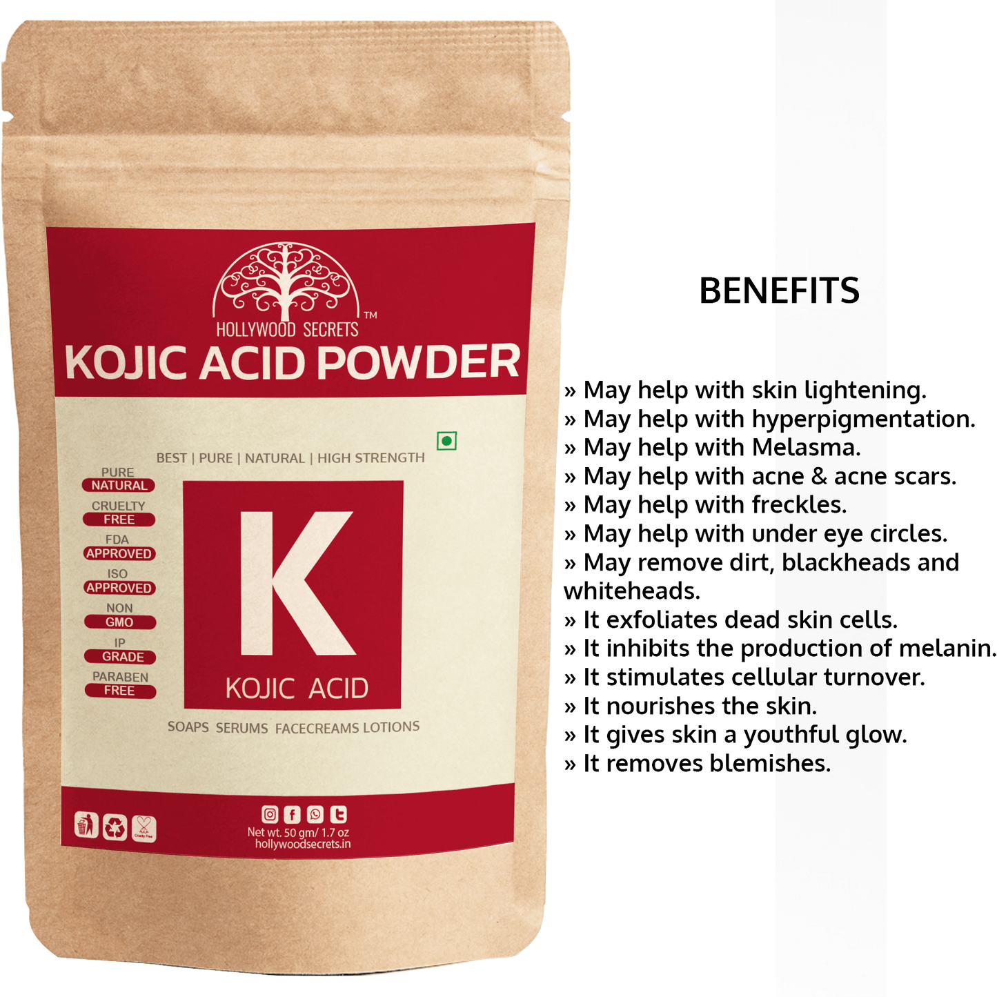 Pure Kojic Acid Powder 50gm Hollywood Secrets