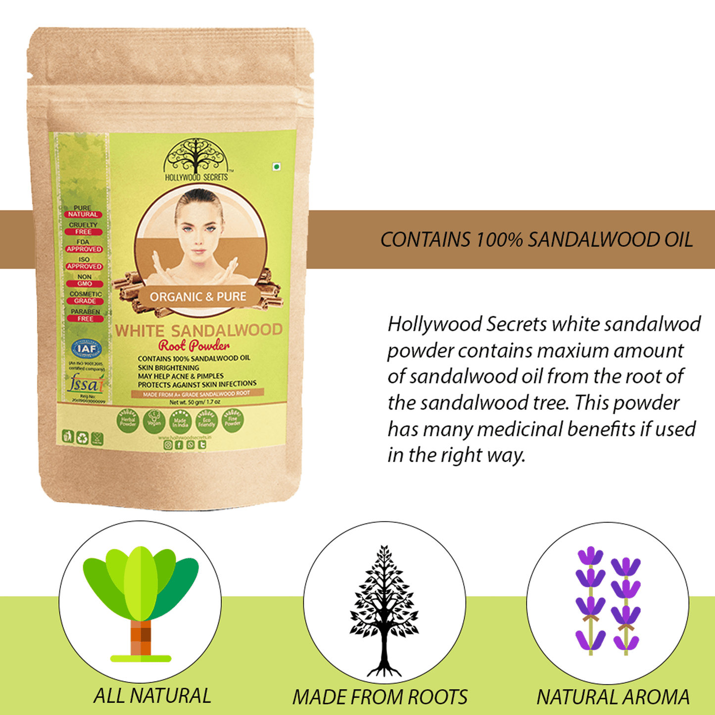 Organic White Sandalwood Root Powder With 100% Sandalwood Oil 50gm hollywoodsecrets